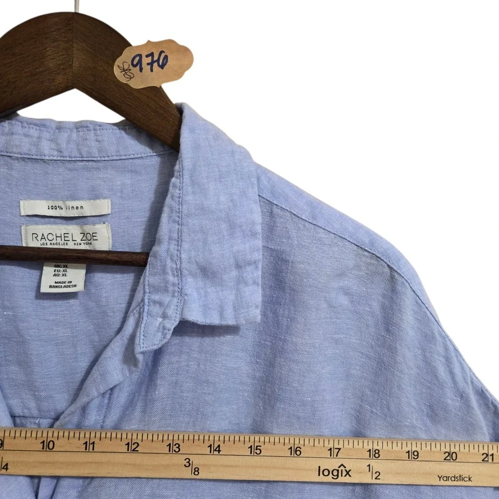 Rachel Zoe Women's Linen Short Sleeve Blouse Size XL Blue MOP Buttons Summer Top - Picture 3 of 6